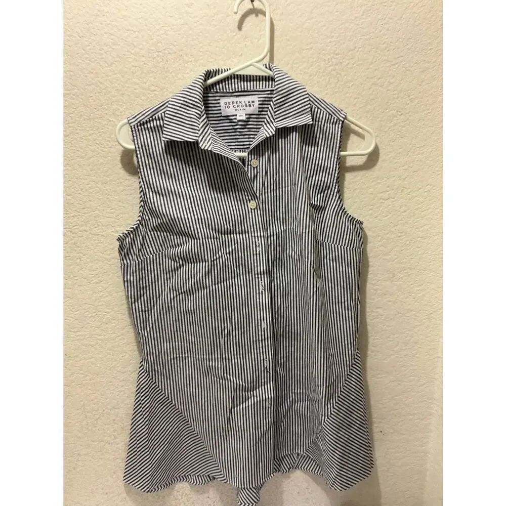 10 Crosby Derek Lam Black and White Striped Sleeveless Button-Down Shirt